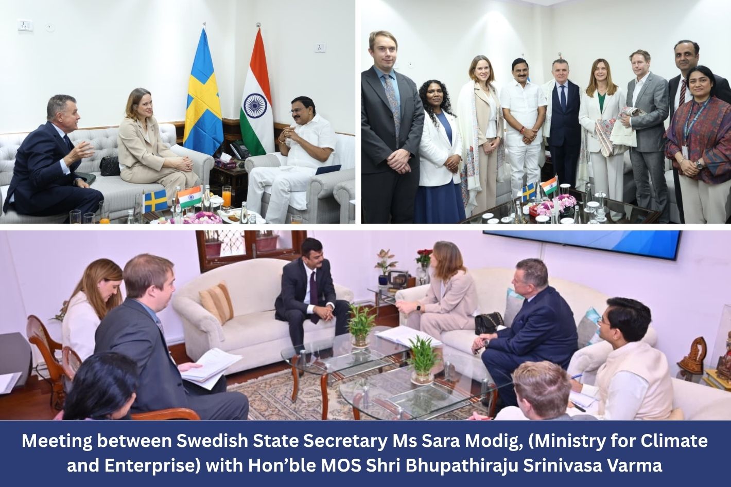 Meeting between Swedish State Secretary Ms Sara Modig, (Ministry for Climate and Enterprise) with Hon’ble MOS Shri Bhupathiraju Srinivasa Varma